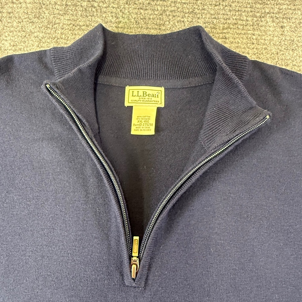 LLBean Mens Quarter Zip Sweater Navy Blue 95 Cotton 5 Cashmere‎ XXL REG  sporty - Picture 9 of 16